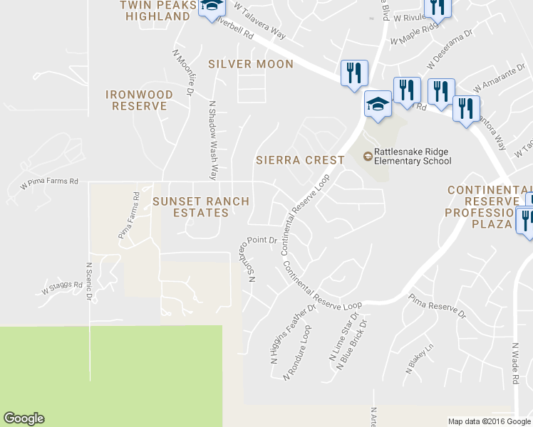 map of restaurants, bars, coffee shops, grocery stores, and more near 8315 North Rocky View Lane in Tucson