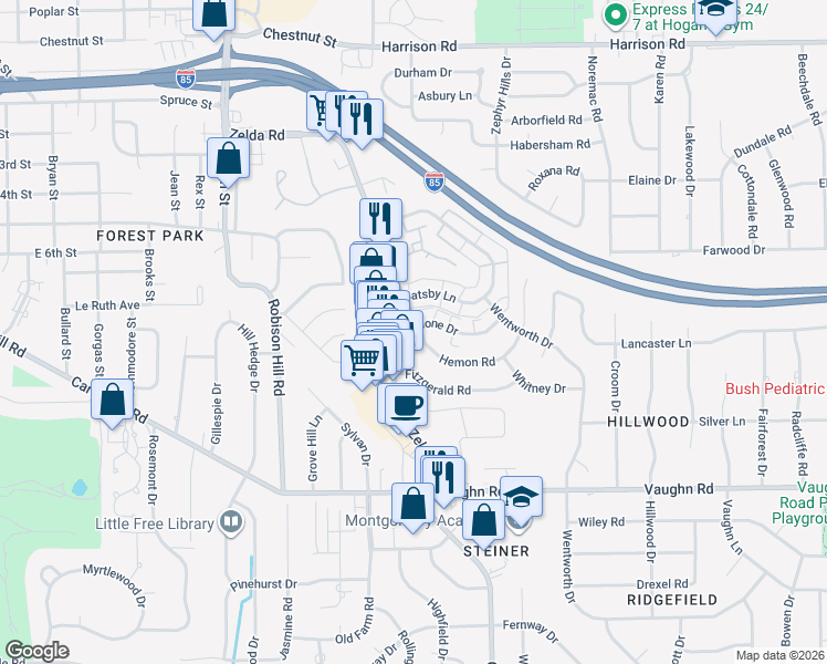 map of restaurants, bars, coffee shops, grocery stores, and more near 3115 Malone Drive in Montgomery