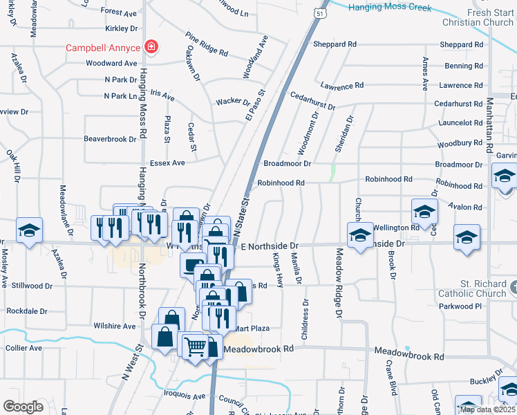 map of restaurants, bars, coffee shops, grocery stores, and more near 4677 Casablanca Drive in Jackson