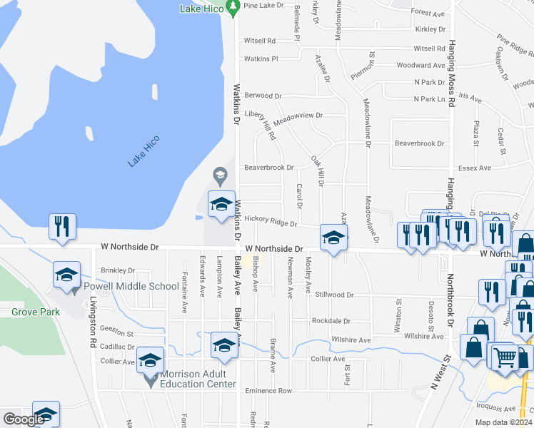 map of restaurants, bars, coffee shops, grocery stores, and more near 734 Hickory Ridge Drive in Jackson