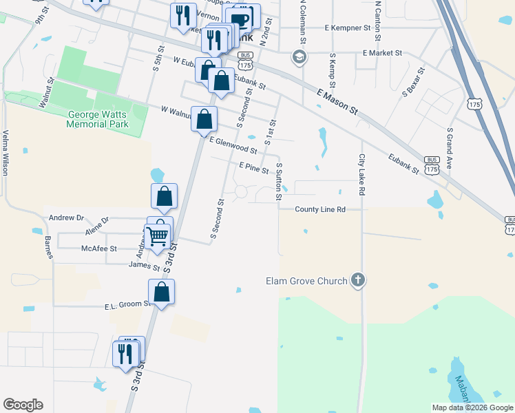 map of restaurants, bars, coffee shops, grocery stores, and more near 814 South Sutton Street in Mabank