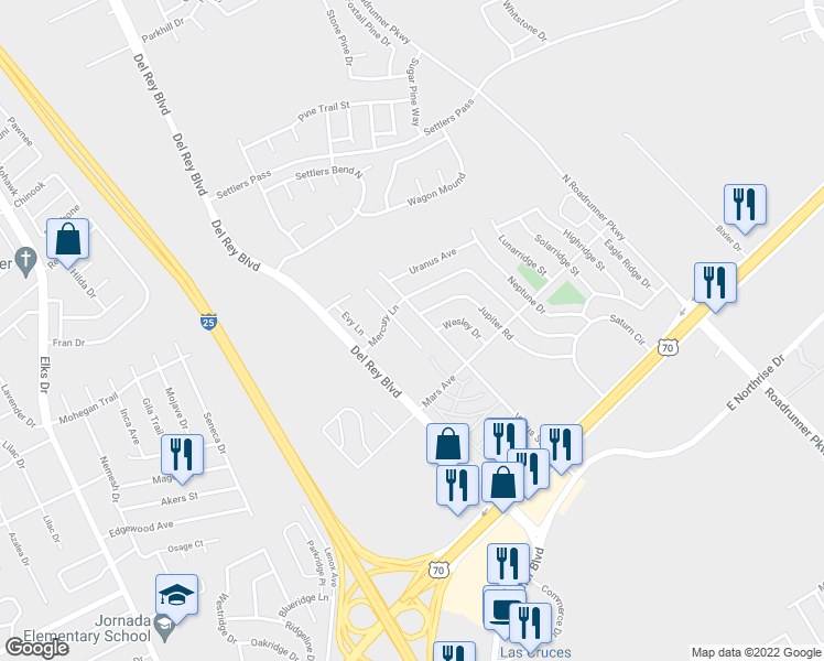 map of restaurants, bars, coffee shops, grocery stores, and more near 3488 Northpointe Drive in Las Cruces