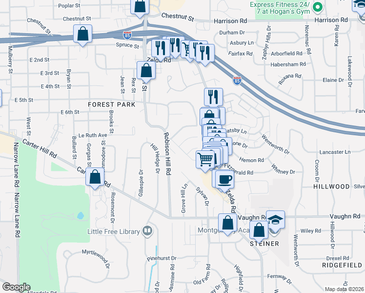 map of restaurants, bars, coffee shops, grocery stores, and more near 2707 Chevy Chase Drive in Montgomery