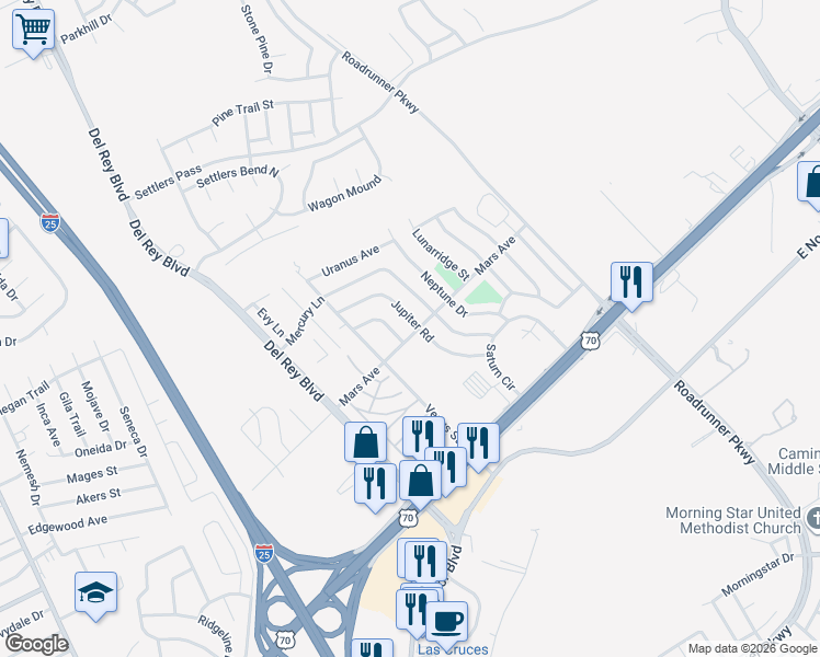 map of restaurants, bars, coffee shops, grocery stores, and more near 3304 Jupiter Road in Las Cruces