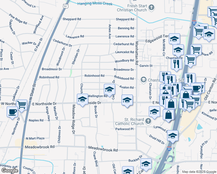 map of restaurants, bars, coffee shops, grocery stores, and more near 654 Avalon Road in Jackson