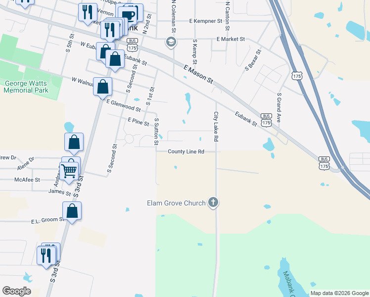 map of restaurants, bars, coffee shops, grocery stores, and more near 504 Bobbie Street in Mabank