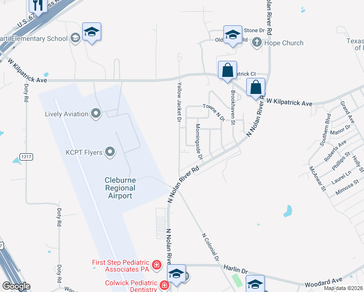 map of restaurants, bars, coffee shops, grocery stores, and more near 1597 Spring Branch Drive in Cleburne