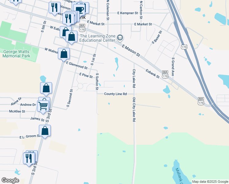 map of restaurants, bars, coffee shops, grocery stores, and more near 504 Bobbie Street in Mabank