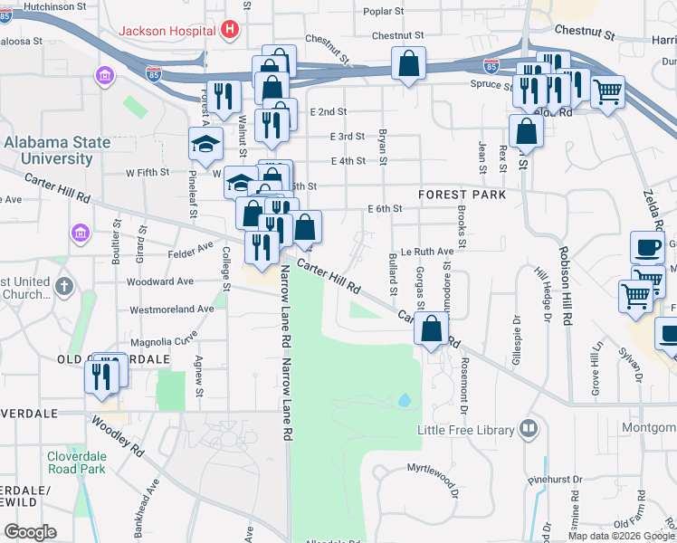 map of restaurants, bars, coffee shops, grocery stores, and more near 2145 Carter Hill Road in Montgomery