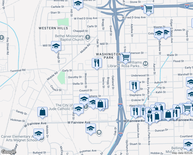 map of restaurants, bars, coffee shops, grocery stores, and more near 1500 Oak Street in Montgomery
