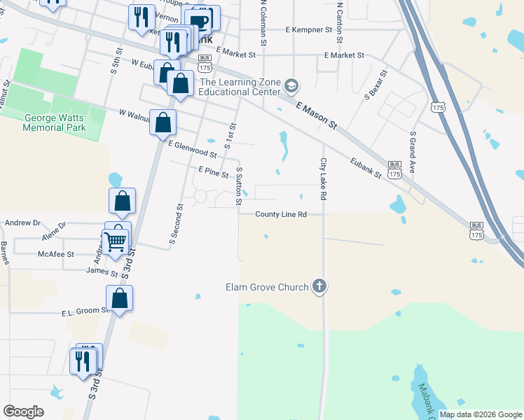 map of restaurants, bars, coffee shops, grocery stores, and more near 504 Bobbie Street in Mabank