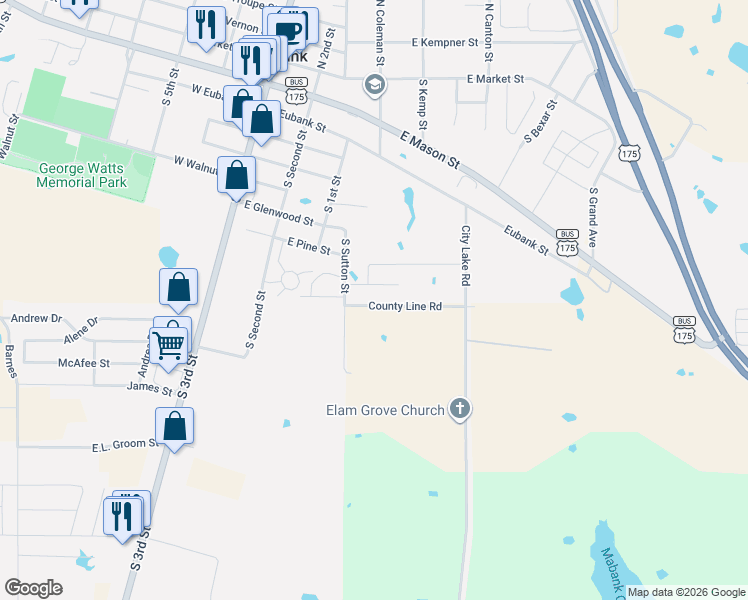 map of restaurants, bars, coffee shops, grocery stores, and more near 504 Bobbie Street in Mabank