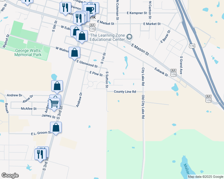 map of restaurants, bars, coffee shops, grocery stores, and more near 401 County Line Road in Mabank