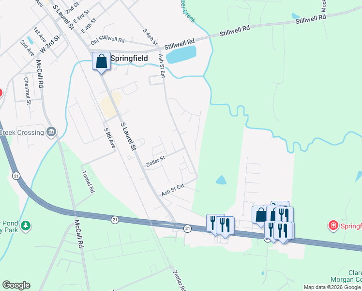 map of restaurants, bars, coffee shops, grocery stores, and more near 1032 Ash Street Extension in Springfield