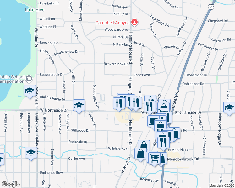 map of restaurants, bars, coffee shops, grocery stores, and more near 352 Northside Circle in Jackson