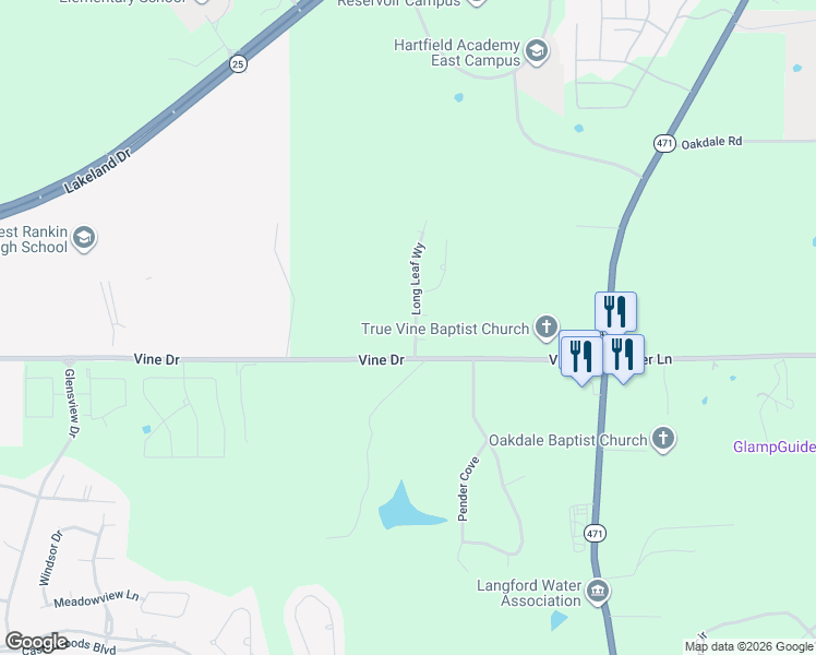 map of restaurants, bars, coffee shops, grocery stores, and more near 117 Long Leaf Way in Brandon