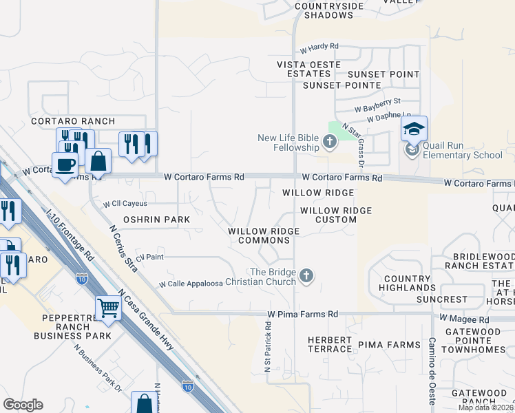 map of restaurants, bars, coffee shops, grocery stores, and more near 8326 North Winding Willow Way in Tucson