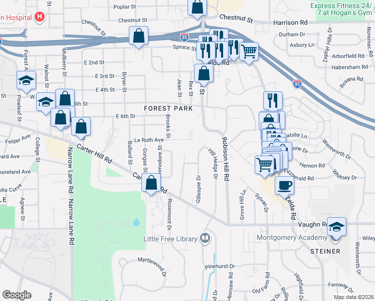 map of restaurants, bars, coffee shops, grocery stores, and more near 2480 Le Ruth Avenue in Montgomery