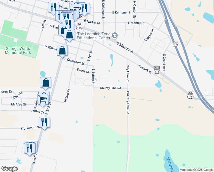 map of restaurants, bars, coffee shops, grocery stores, and more near 504 Bobbie Street in Mabank