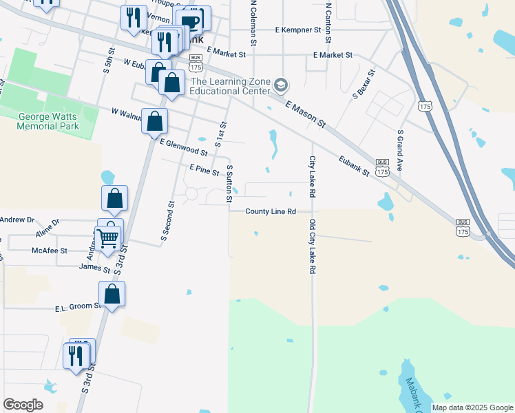 map of restaurants, bars, coffee shops, grocery stores, and more near 504 Bobbie Street in Mabank
