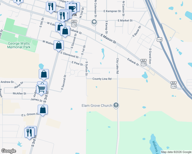 map of restaurants, bars, coffee shops, grocery stores, and more near 504 Bobbie Street in Mabank