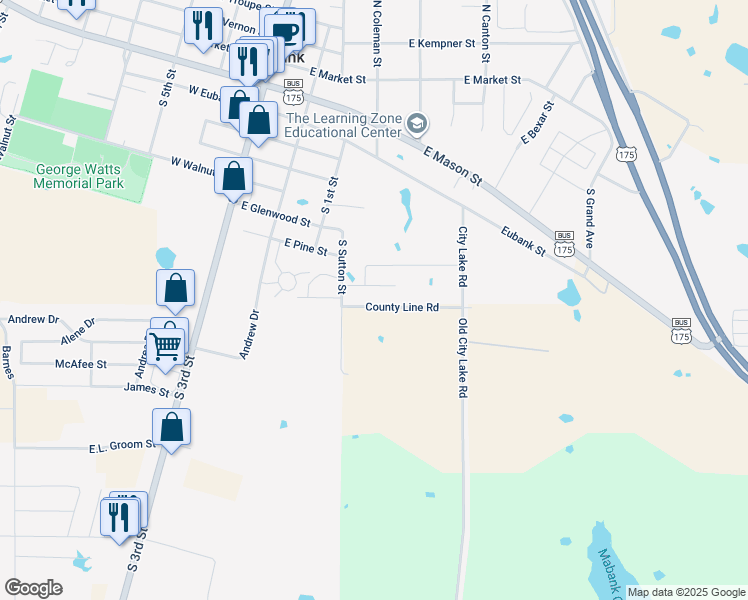 map of restaurants, bars, coffee shops, grocery stores, and more near 504 Bobbie Street in Mabank