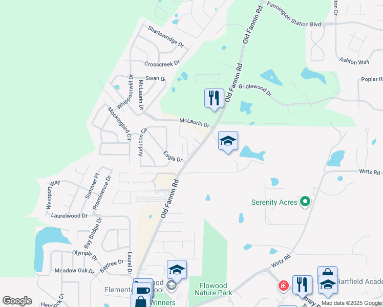 map of restaurants, bars, coffee shops, grocery stores, and more near 1500 Old Fannin Road in Brandon