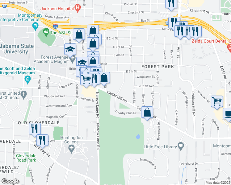 map of restaurants, bars, coffee shops, grocery stores, and more near 2145 Carter Hill Road in Montgomery