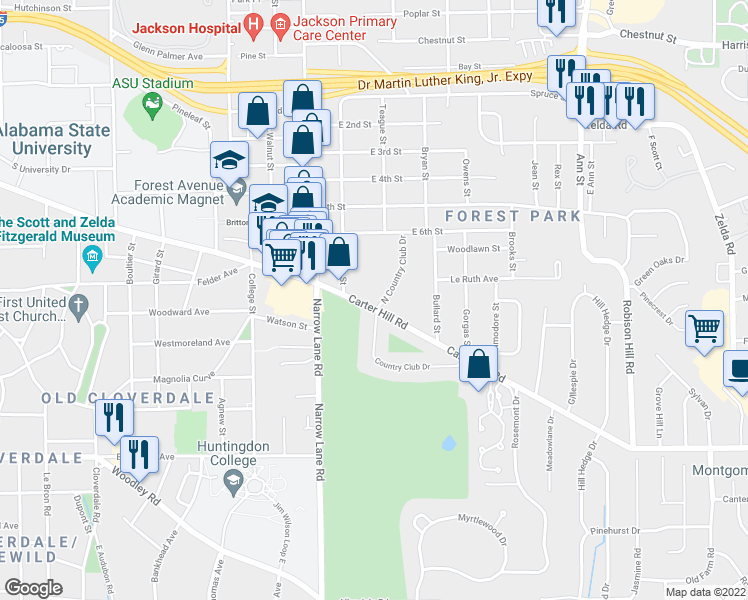 map of restaurants, bars, coffee shops, grocery stores, and more near 2145 Carter Hill Road in Montgomery
