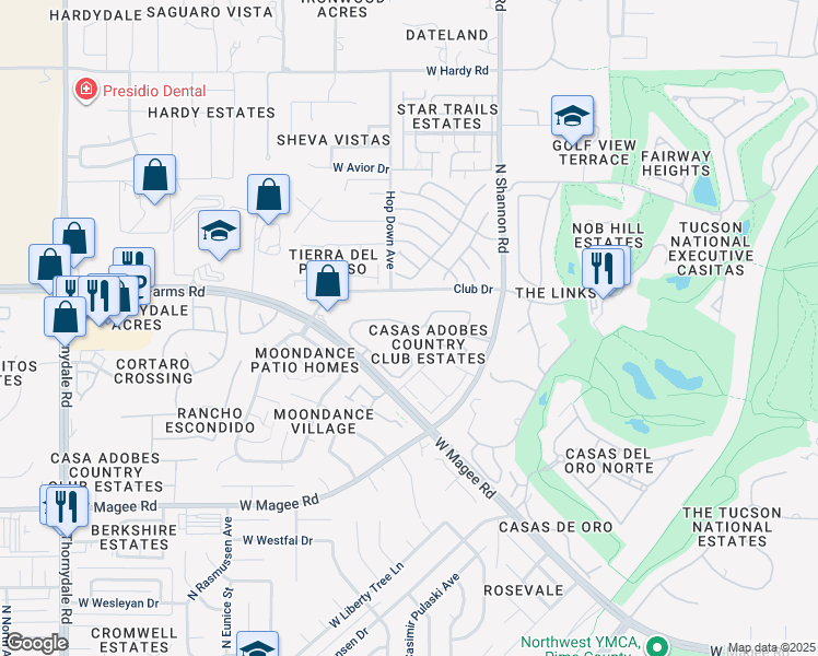 map of restaurants, bars, coffee shops, grocery stores, and more near 8323 North Shannon Road in Tucson