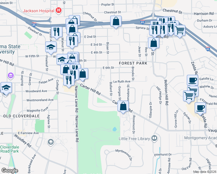 map of restaurants, bars, coffee shops, grocery stores, and more near 2020 Bullard Street in Montgomery