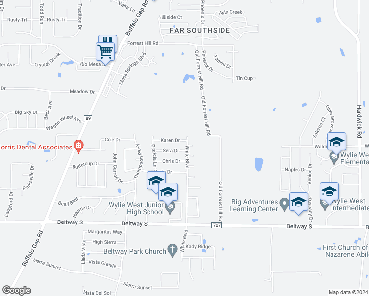 map of restaurants, bars, coffee shops, grocery stores, and more near 3902 Sera Drive in Abilene