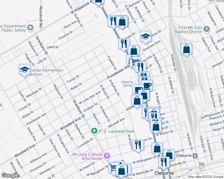 map of restaurants, bars, coffee shops, grocery stores, and more near 1006 North Buffalo Street in Cleburne