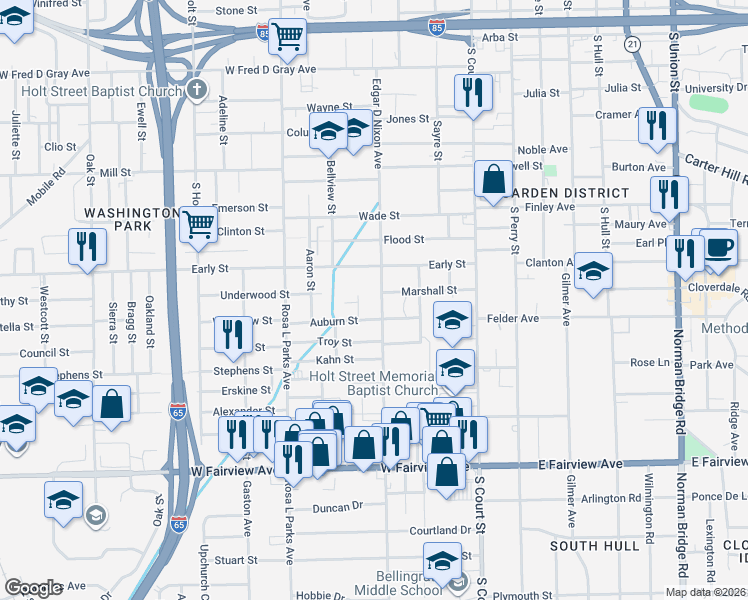 map of restaurants, bars, coffee shops, grocery stores, and more near 1500 Edgar D Nixon Avenue in Montgomery