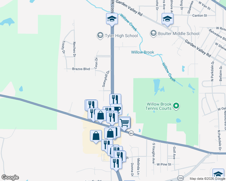 map of restaurants, bars, coffee shops, grocery stores, and more near 501 North Northwest Loop 323 in Tyler