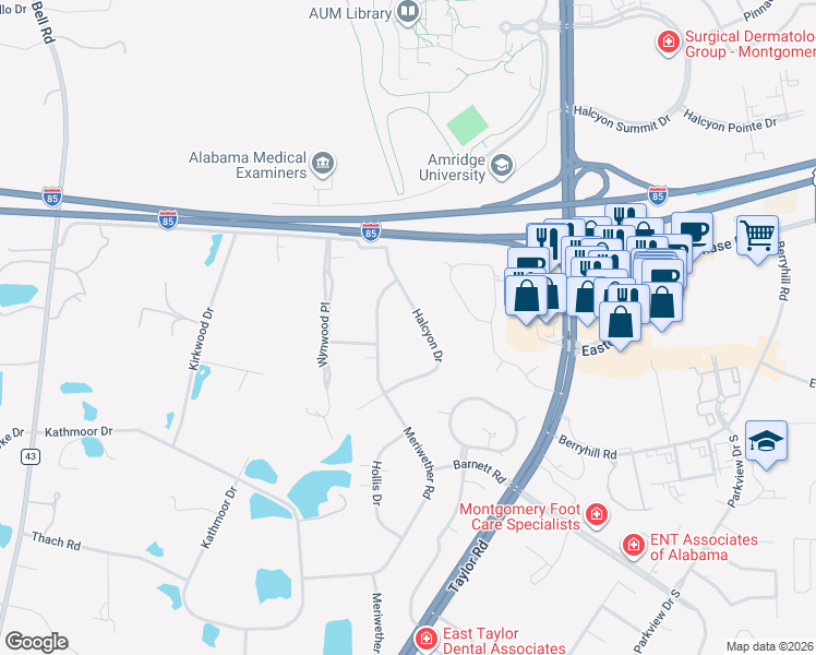 map of restaurants, bars, coffee shops, grocery stores, and more near 6444 Halcyon Drive in Montgomery