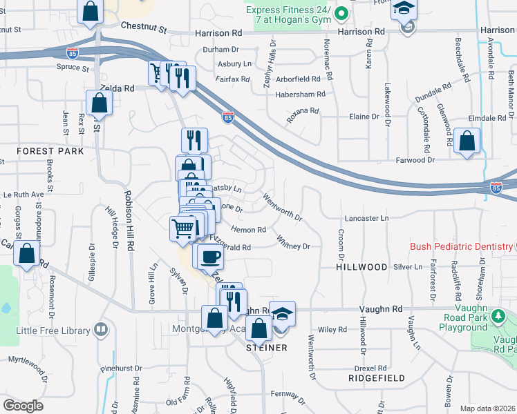 map of restaurants, bars, coffee shops, grocery stores, and more near 3145 Malone Drive in Montgomery