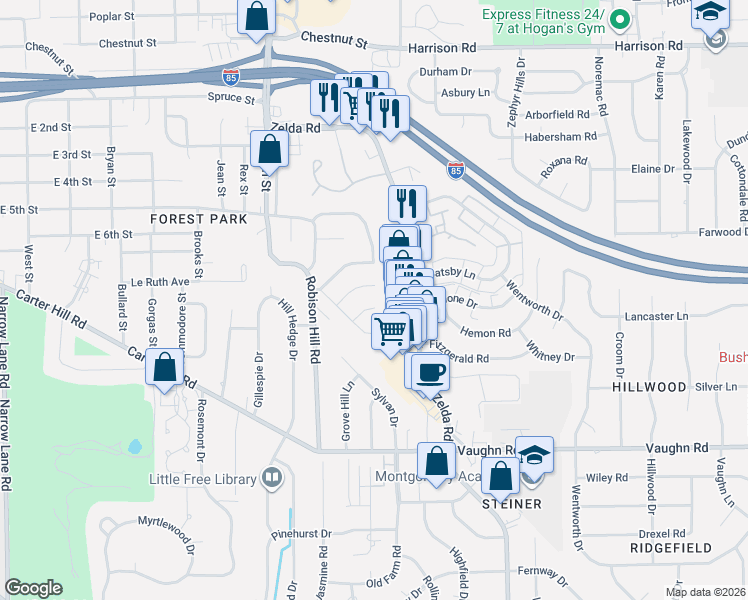 map of restaurants, bars, coffee shops, grocery stores, and more near 2744 Chevy Chase Drive in Montgomery