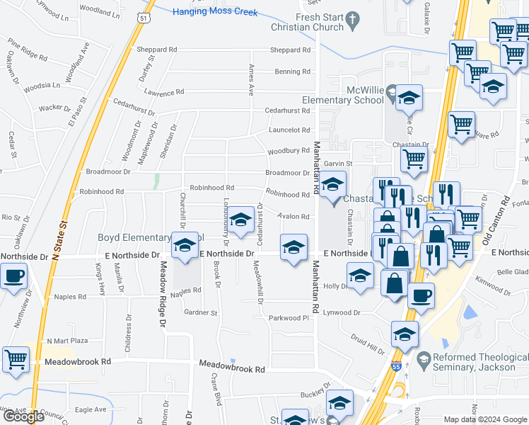 map of restaurants, bars, coffee shops, grocery stores, and more near 4674 Cedarhurst Drive in Jackson