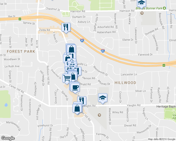 map of restaurants, bars, coffee shops, grocery stores, and more near 3145 Malone Drive in Montgomery