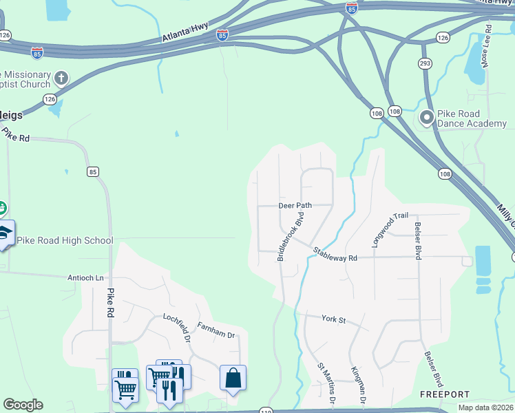 map of restaurants, bars, coffee shops, grocery stores, and more near 501 Deer Path in Pike Road