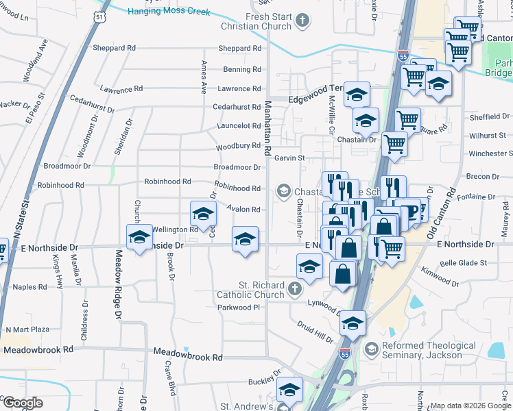 map of restaurants, bars, coffee shops, grocery stores, and more near 778 Avalon Road in Jackson