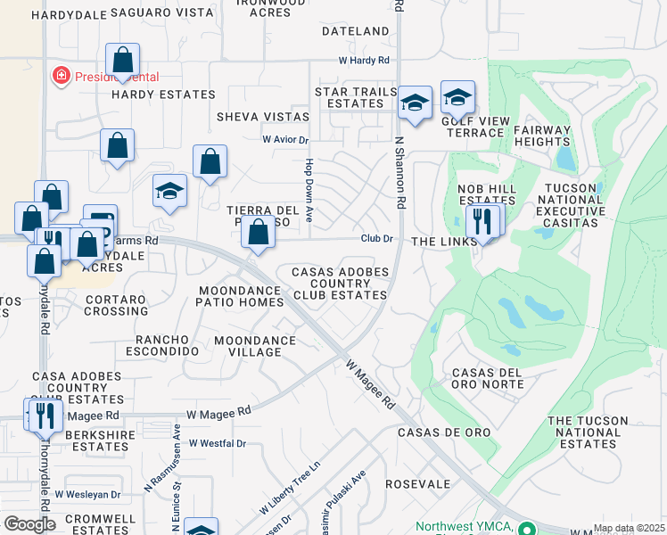 map of restaurants, bars, coffee shops, grocery stores, and more near 8335 North Shannon Road in Tucson