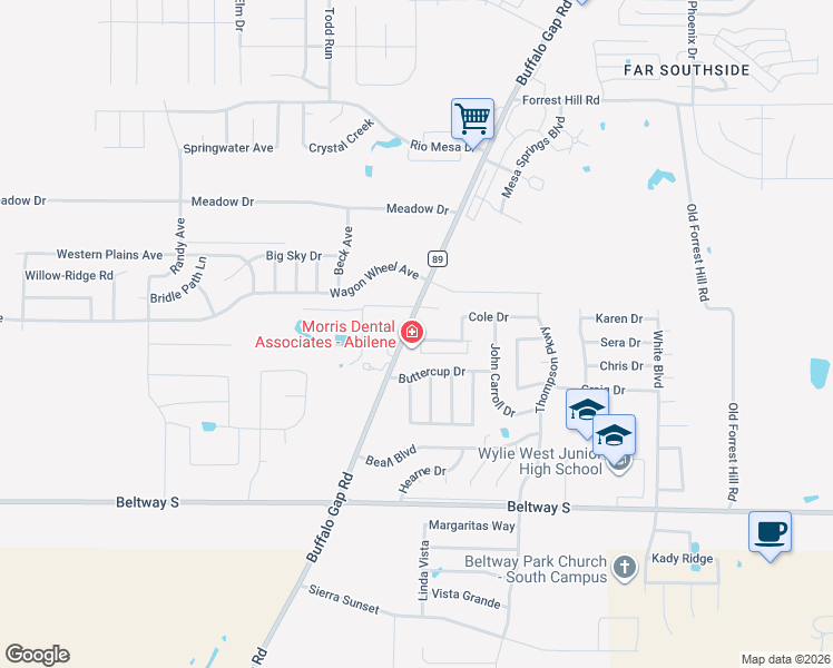 map of restaurants, bars, coffee shops, grocery stores, and more near 4690 Marlboro Drive in Abilene