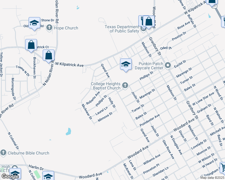 map of restaurants, bars, coffee shops, grocery stores, and more near 1304 Phillips Street in Cleburne