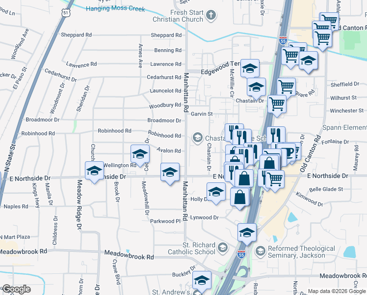 map of restaurants, bars, coffee shops, grocery stores, and more near 778 Avalon Road in Jackson