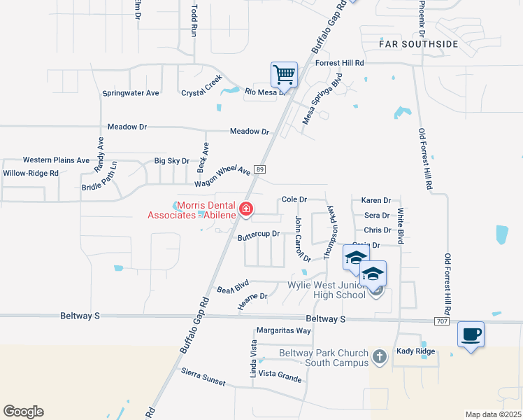 map of restaurants, bars, coffee shops, grocery stores, and more near 4650 Marlboro Drive in Abilene