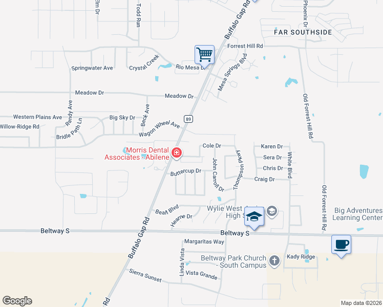map of restaurants, bars, coffee shops, grocery stores, and more near 4626 Marlboro Drive in Abilene