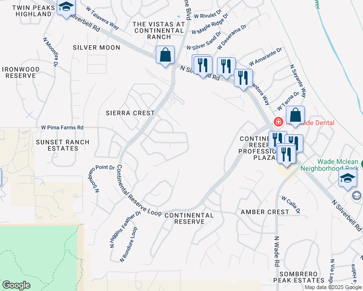 map of restaurants, bars, coffee shops, grocery stores, and more near 7401 West Shining Amber Lane in Tucson