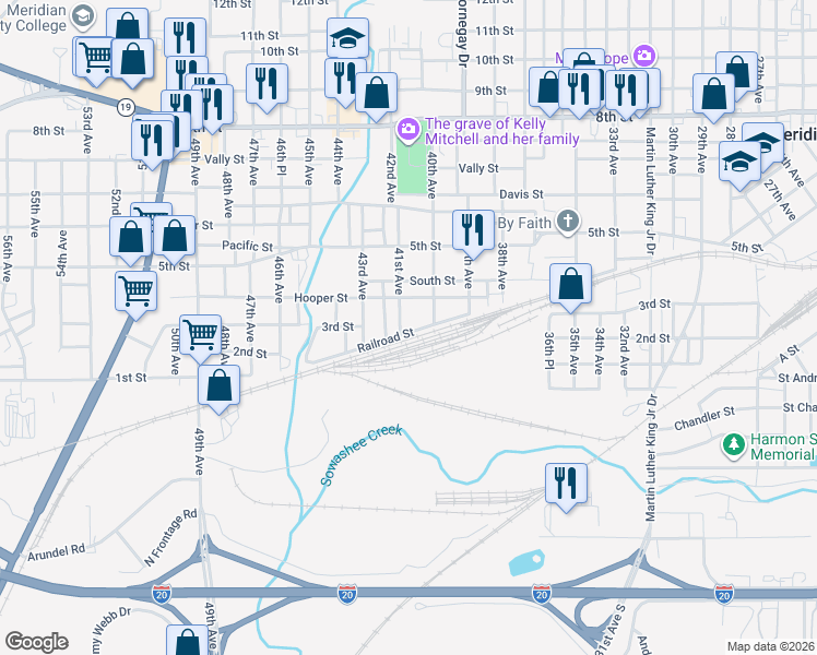 map of restaurants, bars, coffee shops, grocery stores, and more near 4018 Railroad Street in Meridian